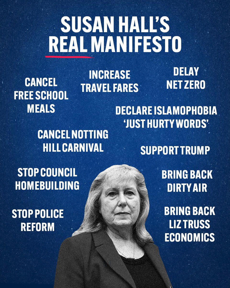 Now we know: Susan Hall would cancel free school meals & raise travel fares. She’d do nothing to make London safer or to boost the economy. This election is a two-horse race between @SadiqKhan, who offers a fairer, safer, greener London & the Tories, who’d take London backwards.