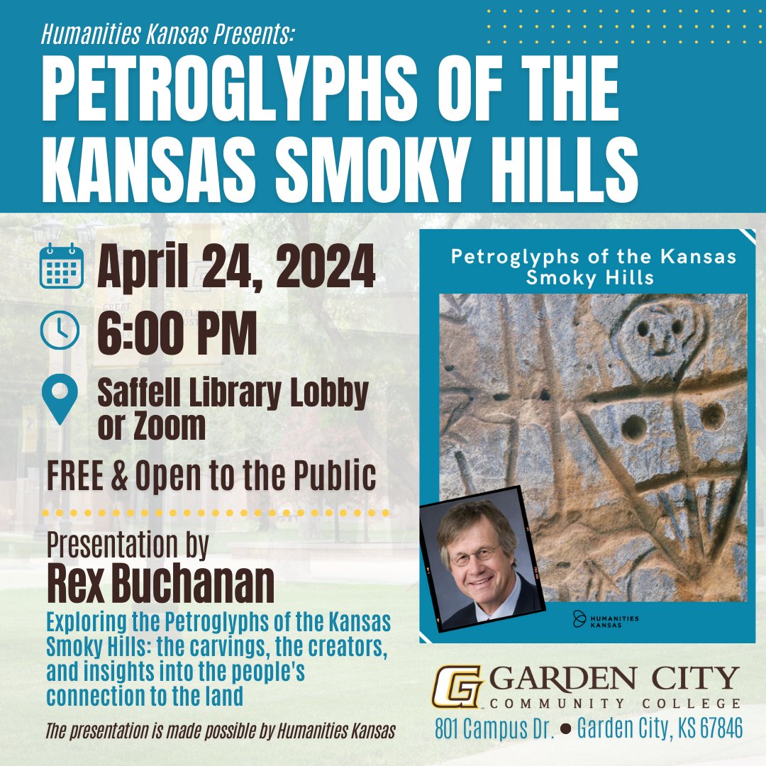 Wednesday @ 6 PM GCCC will host 'Petroglyphs of the Kansas Smoky Hills,' a presentation and discussion by Rex Buchanan in the GCCC Saffell Library Lobby and via Zoom ➡️Free and open to the public ➡️Program is made possible by Humanities Kansas Learn more ow.ly/5kbt50R395f