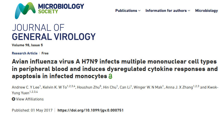 Avian influenza virus A H7N9 infects multiple mononuclear cell types in peripheral blood and induces dysregulated cytokine responses and apoptosis in infected monocytes (2017).

Since 2013, avian influenza A H7N9 virus (H7N9) has been the most common avian influenza virus subtype…