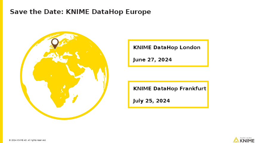 In case you missed this announcement at #KNIMESummit2024 last week...👇Mark your calendars for the next #DataHop Europe event happening in London and Frankfurt. 📅 More details to come. Stay tuned. brnw.ch/21wJ3oW #KNIME #datascience #lowcode #nocode #opensource