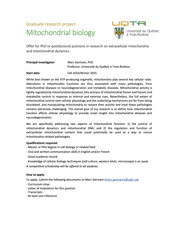 My lab is recruiting!
Looking for a PhD student and a postdoc to work on fully funded projects related to mitochondrial extracellular vesicles and mitochondrial dynamics.