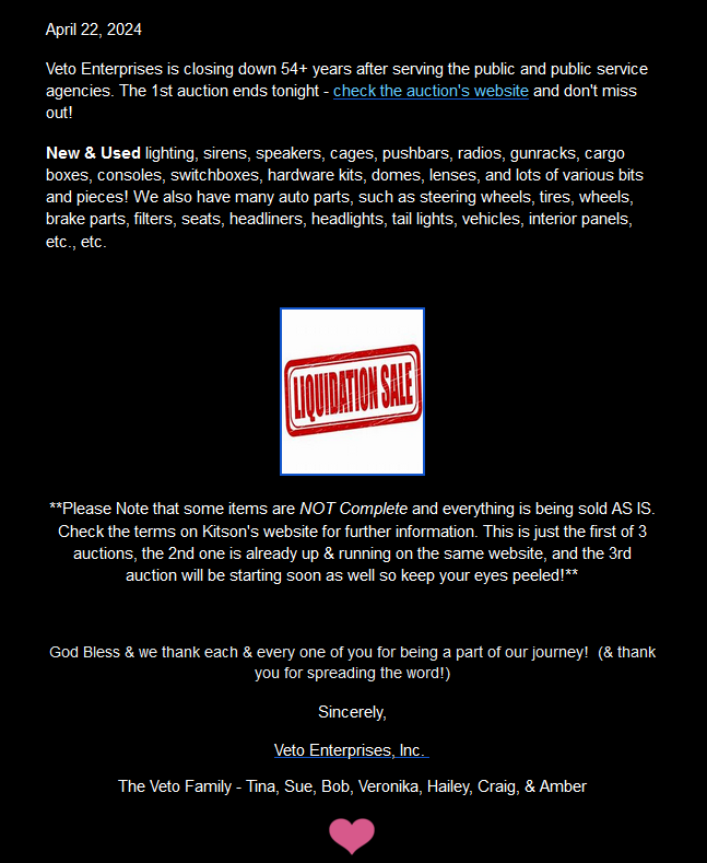 Don't miss out - 1st of three liquidation auctions ends tonight, a little something for everyone please share.  #retirement #familybusiness #liquidation #auction #auctions #greatdeals #policeequipment #carparts #dontmissout #youneedthis #discoversycamore #vetoenterprises #vetoent