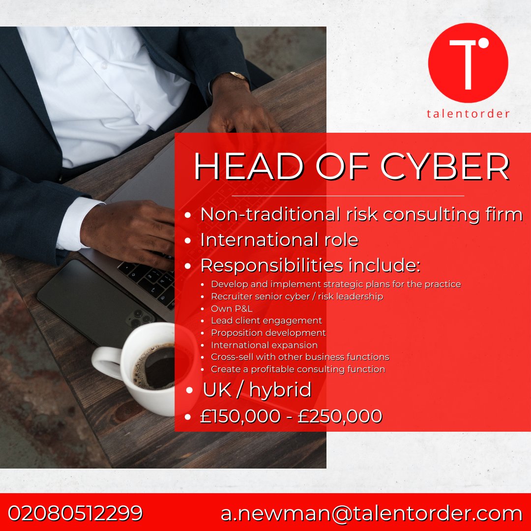 🚨#JOBALERT

👤Head of Cyber 
📍UK (#hybrid)
💰 £150,000 - £250,000

Apply now!👇
recruiterflow.com/db_e04e49cd514…

#cyber #cybersecurity #cyberjobs #cyberuk #cyberrisk #riskconsulting #cyberattacks #cyberresponce #cyberresilience #cybernews #hiring #ukjobs #jobalert #jobadvert