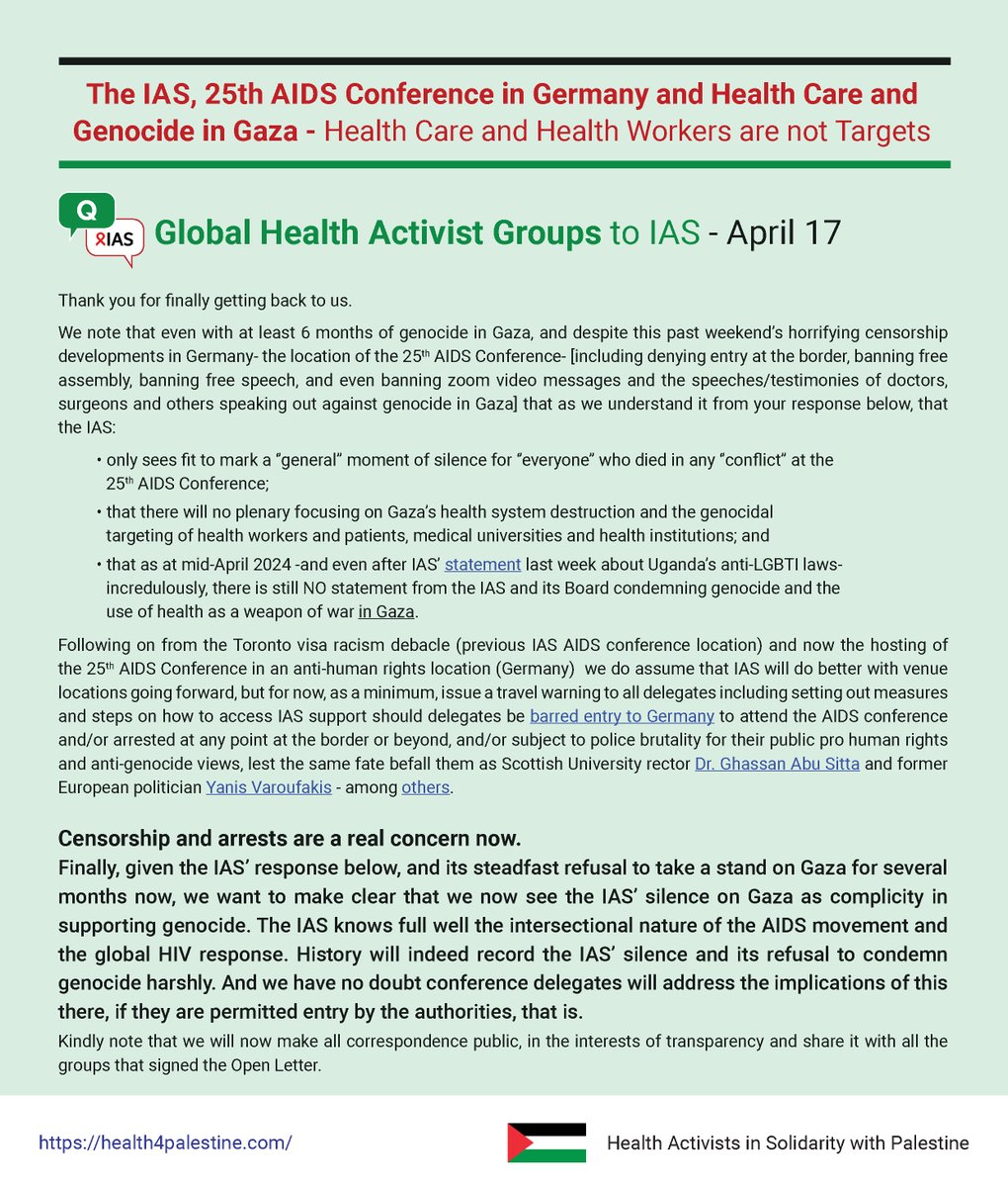 📑🛎📑🛎 Today we share correspondence (email thread) with IAS @iasociety following 40+ Groups Open Letter (8 Health Related Demands) in February 2024. And regarding: -upcoming 25th AIDS Conference in Germany; -IAS continued silence on Genocide in Gaza. Silence is complicity.