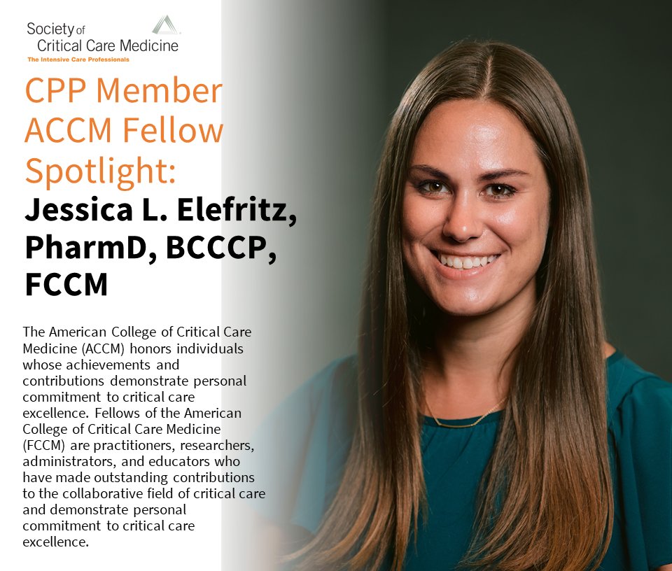 ✨FCCM Spotlight: Jessica L. Elefritz, PharmD, BCCCP, FCCM✨

Jessica Elefritz (@jesselefritz) is a Critical Care Pharmacy Specialist who practices in the Hematology/Oncology Medical ICU at The Ohio State University Wexner Medical Center (@OSUWexMed) in Columbus, OH. 📍 #PharmICU