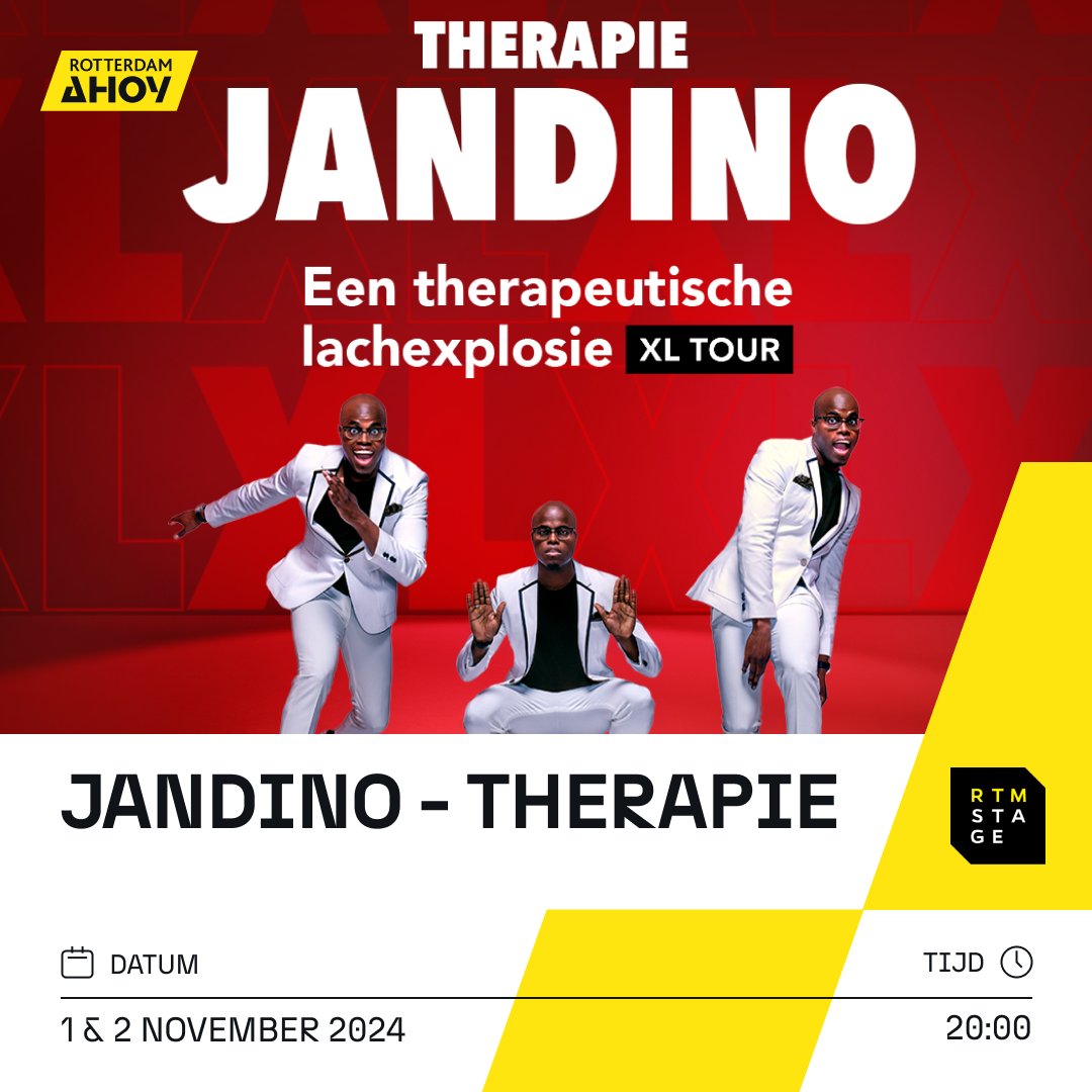 rotterdamahoy's tweet photo. Heb jij zin in een avondje lachen tot je erbij neervalt? 🤣Kom dan op 1 & 2 november naar stand-up comedian Jandino in RTM Stage!
Tickets zijn vanaf morgen 23 april om 12:00 uur verkrijgbaar via Paylogic: https://t.co/44AgWHJuOl
#jandino #rotterdamahoy #therapie #rtmstage https://t.co/8SZcTCm9hw