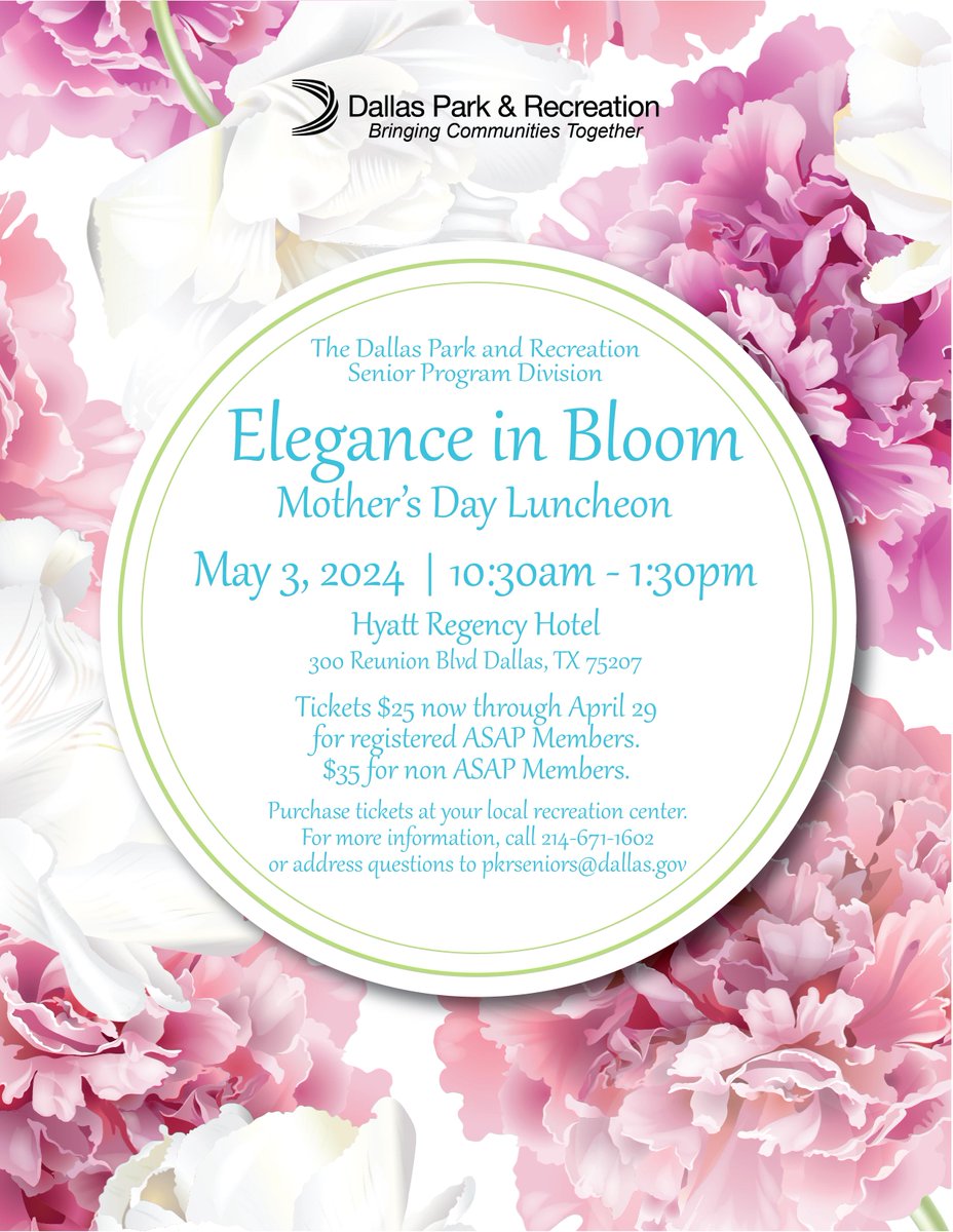 Senior ladies, you are invited to Elegance in Bloom, a luncheon thrown in celebration of moms! Spots are limited and you can sign up at your local rec center! 🌺 💐