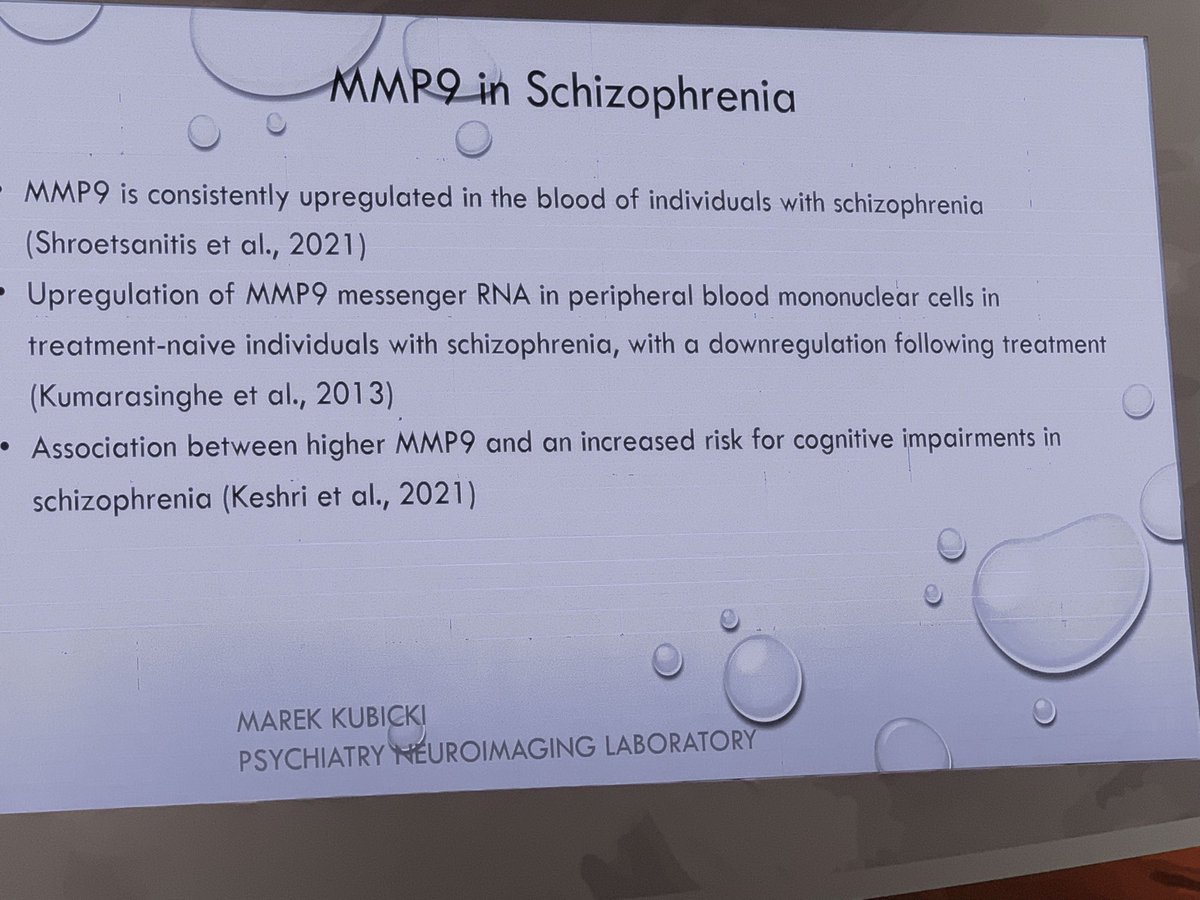 MMP-9 (matrix metalloproteinase) in blood is linked to free water measures of brain inflammation perhaps due to BBB disruptions, and is abnormally high in acute schizophrenia. Free water is known to measure inflammation from experimentally virally infected rats (M Kubicki plenary…