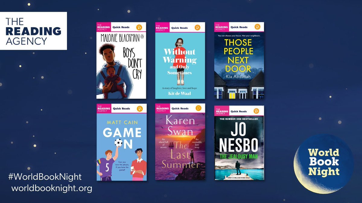 7-8pm on 23 April is @readingagency’s #ReadingHour, to celebrate @WorldBookNight! 📚🌙 It’s an hour to take a break, focus on yourself and escape into a book, magazine or comic. Unsure what to read? Why not borrow one of this year's #QuickReads from the library or buy it for £1.