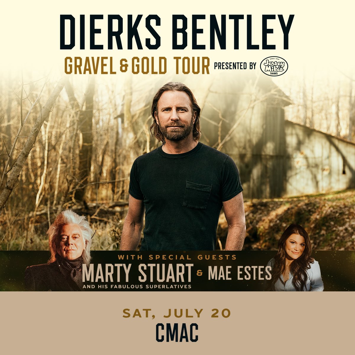 🎶JUST ANNOUNCED🎶 Dierks Bentley brings his Gravel & Gold Tour to CMAC on Saturday, July 20 with special guests Marty Stuart & His Fabulous Superlatives and Mae Estes! Tickets on sale this Friday at 10 am 🎫🎫