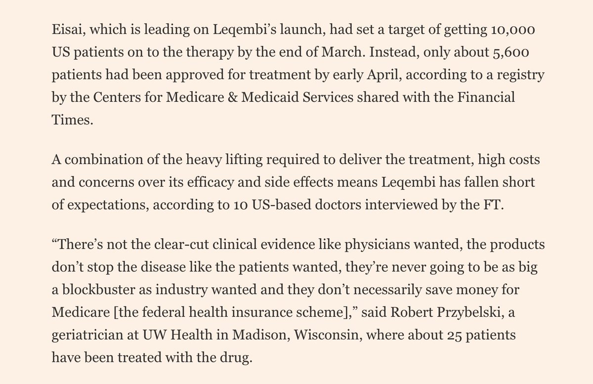 🚨NEW🚨 Eisai and Biogen's US rollout of Alzheimer's drug Leqembi is faltering. Only 5,600 patients had been approved to use the drug by the start of April, falling short of a target of 10,000 patients by end of March, according to Medicare data shared with the FT.