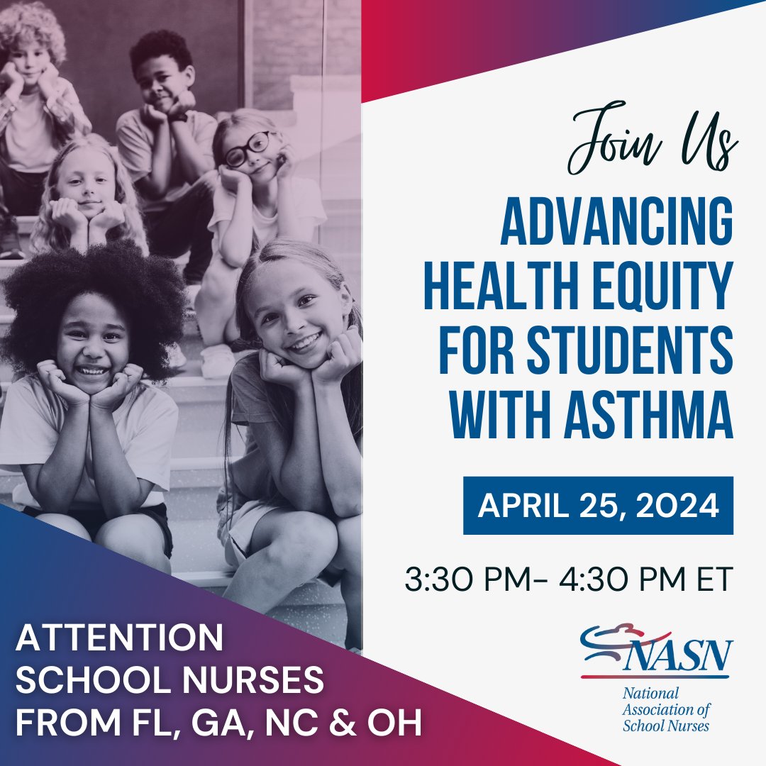 Attention #SchoolNurses from FL, GA, NC & OH! Join our Advancing #HealthEquity for Students With #Asthma CoP meeting this Thursday, April 25, at 3:30 PM ET to hear from GA school nurse professionals Paulette Abbey, RN, and Claudette Myers, RN. Learn more: ow.ly/WgSh50Ri7Wc