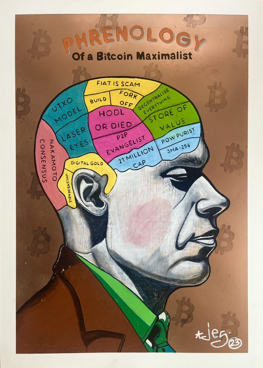 ✅Discover my new series of 1/1 handmade posters (70x50 cm) exploring the intriguing theme of Phrenology. I delve into this mysterious science by analyzing iconic characters with a humorous twist.

🌟 First piece: “Phrenology of a #Bitcoin Maximalist”, gifted to <a href="/Max_Metis/">Max_Mètis</a> for