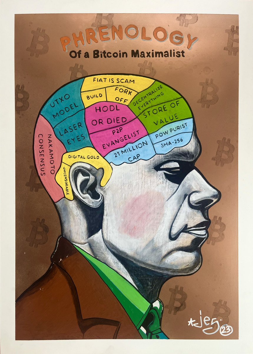✅Discover my new series of 1/1 handmade posters (70x50 cm) exploring the intriguing theme of Phrenology. I delve into this mysterious science by analyzing iconic characters with a humorous twist. 🌟 First piece: “Phrenology of a #Bitcoin Maximalist”, gifted to @Max_Metis for…