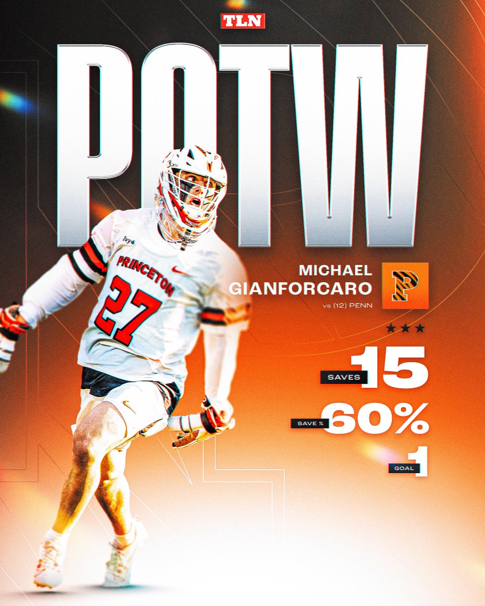 𝐏𝐋𝐀𝐘𝐄𝐑 𝐎𝐅 𝐓𝐇𝐄 𝐖𝐄𝐄𝐊: Michael Gianforcaro, @TigerLacrosse 🐅 Gianforcaro celebrated Princeton's Senior Day with 15 saves, one goal and a MASSIVE win over rival Penn 💪