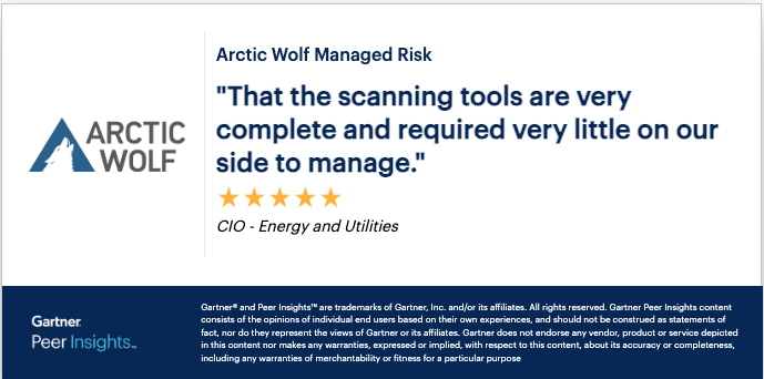 Arctic Wolf® Managed Risk helps you discover, assess, and harden your environment against digital risks. But don’t just take our word for it. Gartner® Peer Insights™ offer unbiased reviews from actual customers, like this one below. #EndCyberRisk ow.ly/7yNR50Riomf