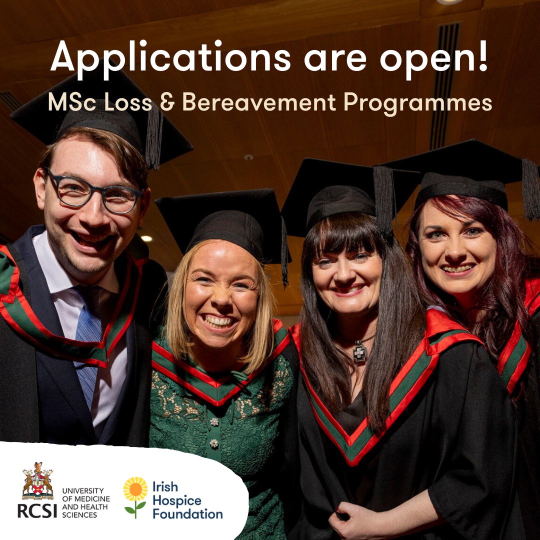 🎓 Applications are open for our MSc Loss & Bereavement programmes commencing this Sept. These 2-year, part-time programmes are run in collaboration with @RCSI_Irl. Aimed at professionals whose work brings them into contact with bereavement & loss. ⭐ hospicefoundation.ie/masters