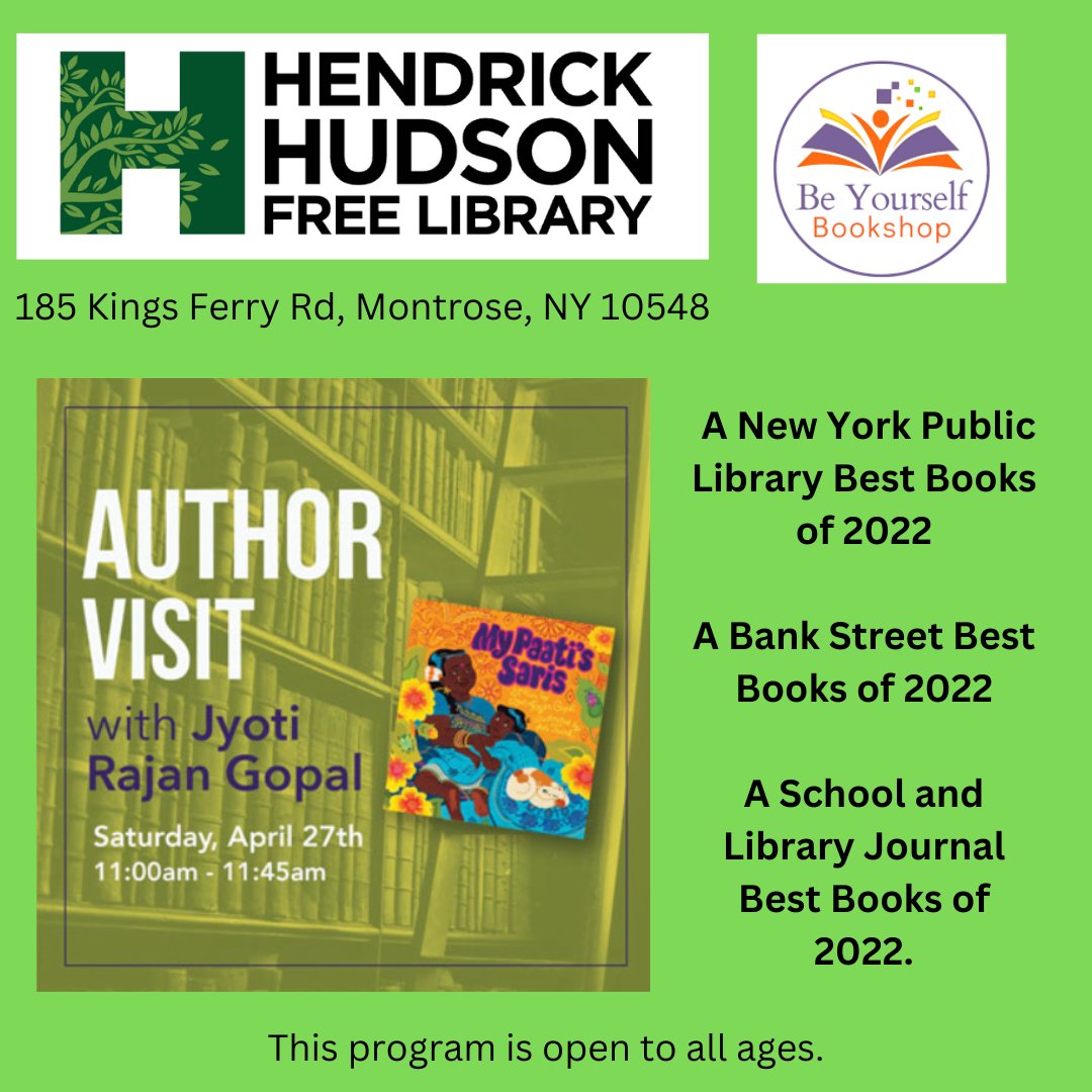 I will be at the Henrick Hudson Free Library this Saturday April 27 with MY PAATI'S SARIS! Reading, sari demo and book signing📚 Free to attend, register here: hendrickhudson.librarycalendar.com/events/feed/ht…