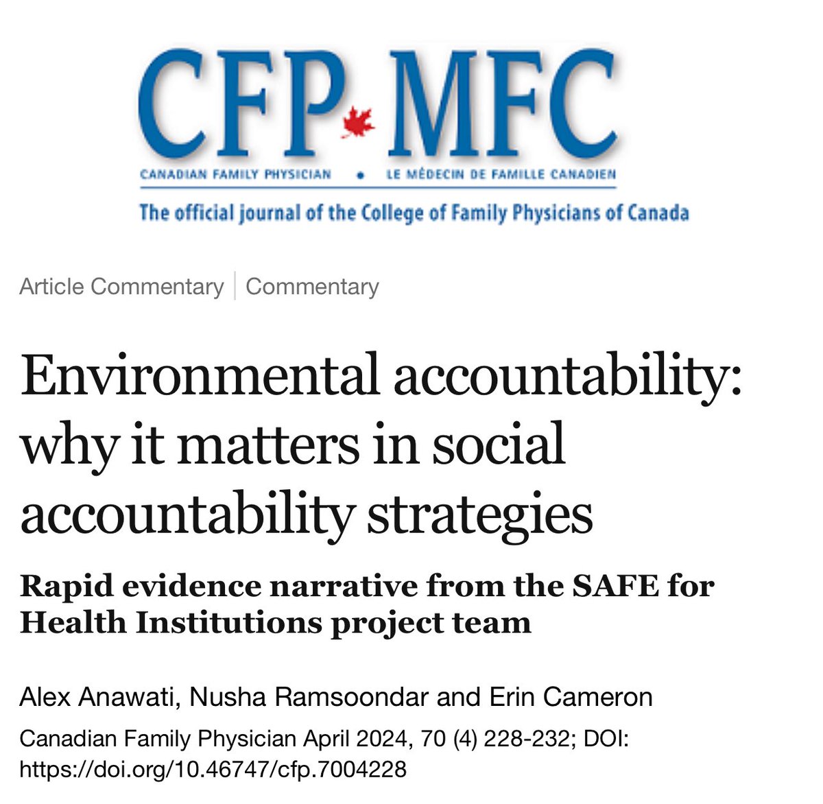 It’s #EarthDay2024 !! 🌍

If you haven’t checked out this month’s <a href="/CFPJournal/">Canadian Family Physician</a> issue, today is a good day to get reading! 🌎❤️

#EnvironmentalAccountability
#EmvironmentalJustice
#ClimateChange is a driver for #inequity 

cfp.ca