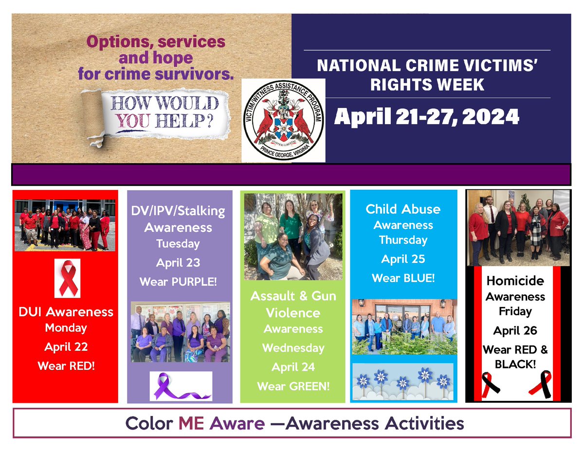 Join us in recognizing National Crime Victims' Rights Week April 21-27. Our county employees will be coordinating colors to promote awareness for a cause, do don't be surprised if we all end up matching. #ColorMeAware #CrimeCrimeVictimsRightsWeek #RaiseAwareness