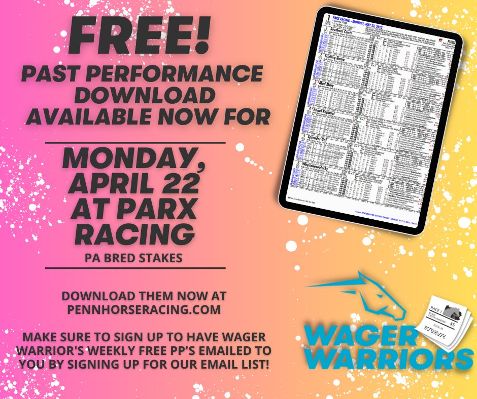 🚨 FREE PAST PERFORMANCE DOWNLOAD 🚨 Download your FREE Past Performances for TODAY at @ParxRacing featuring $100,000 #PABredStakes in Race 9 & Race 10: pennhorseracing.com/wager-warriors/ @jmpaquette @PA_PHBA @ptha17 @letsgoracingpa