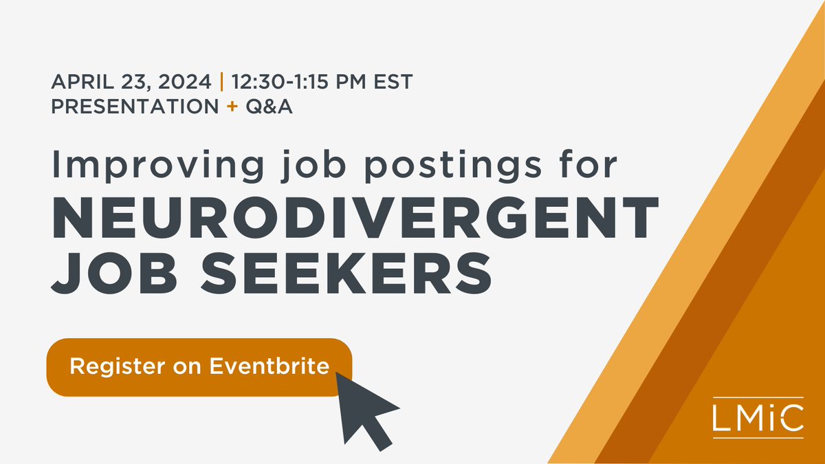 On April 23, join LMIC research read Suzanne Spiteri, PhD in discussion about how improving the quality and accessibility of job postings can reduce employment barriers for neurodivergent job seekers.

Register online: eventbrite.com/e/improving-jo…

#CdnLMI #CdnEcon #Neurodiversity