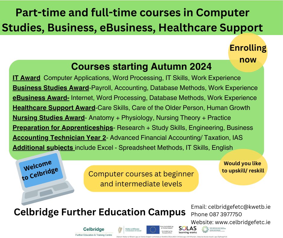 Enrolling now for level 4 and 5 courses starting in Autumn for employees and unemployed people looking to upskill @KWETB @SOLASFET @FETRC_DCU @FETColleges_IE @KWETBAliss @LeadwithKWETB @Thisisfet #KWETB #SOLAS #Thisisfet #courses #FET #Celbridgecourses