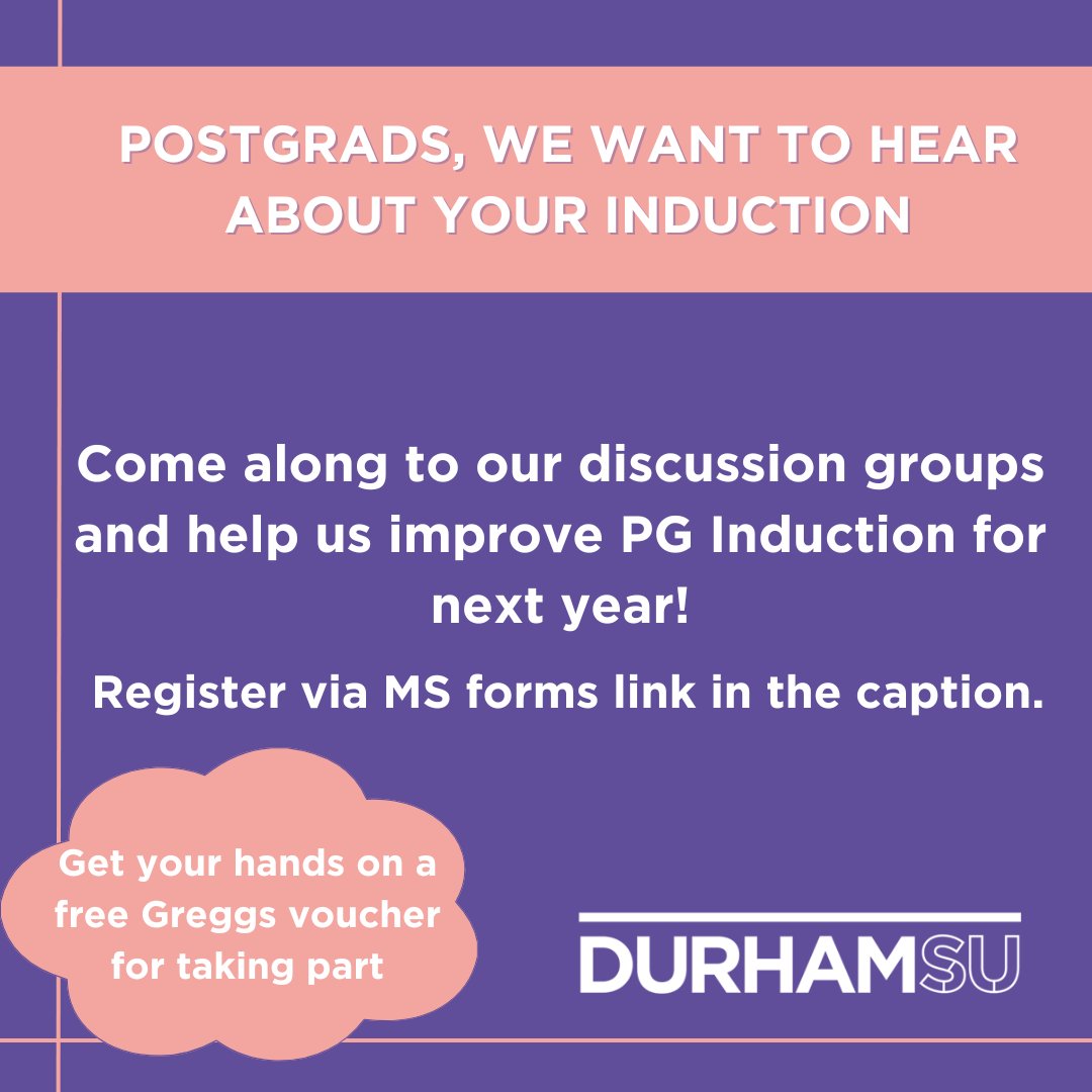 Postgrads, we want to hear from you! Join us either online or in person and attend a discussion group on how we can improve your induction experience. 🗣️ Psst.. you can get your hands on a Greggs voucher for taking part! Register here: forms.office.com/Pages/Response…