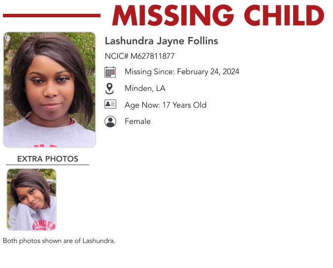 Have you seen Lashundra? Our partners at @NCMEC need your help finding the Minden teen who hasn't been seen since February 24, 2024. If you can help bring her home, call 911, 1-800-THE-LOST or the Minden Police Department at 1-318-371-4226. ow.ly/6JKg50Rl6lQ