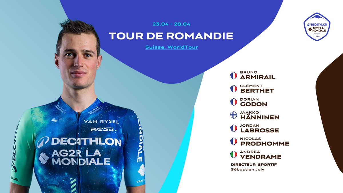 🇨🇭 @TourDeRomandie 📅 23/04 - 28/04 🇫🇷 @BrunoArmirail 🇫🇷 @clem_berthet 🇫🇷 @DorianGodon 🇫🇮 @JaakkoHanninen 🇫🇷 @LabrosseJordan 🇫🇷 @NicoProdhomme 🇮🇹 @AndreaVendra #DECATHLONAG2RLAMONDIALETEAM