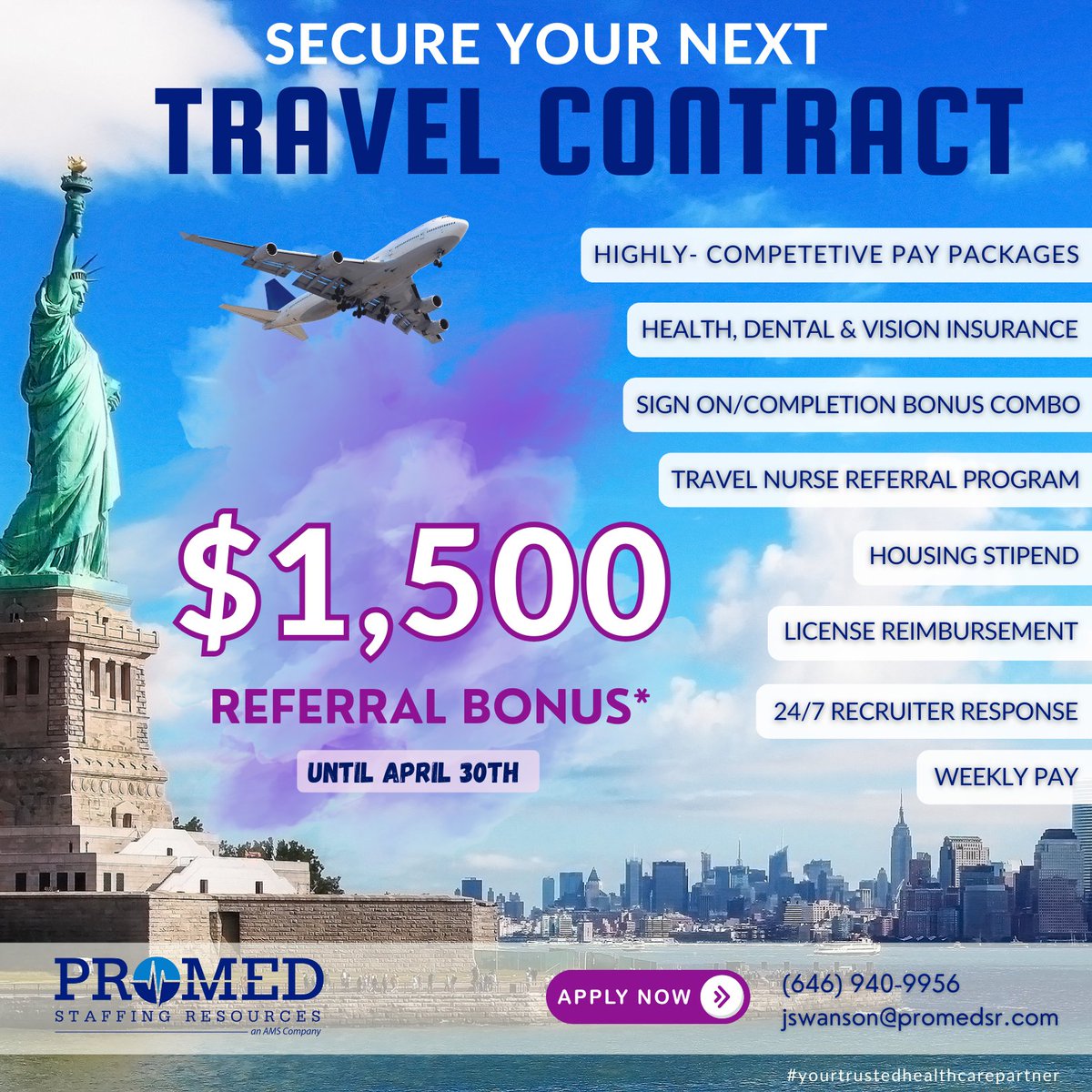 Step into a fresh week filled with exciting nationwide #travelnursing opportunities designed just for you by ProMed Staffing Resources! Connect with Jessica at (646) 940-9956 or jswanson@promedsr.com

#travelnurse #nurse #travelrn #hiring #assignments #travelnursejobs #promedsr