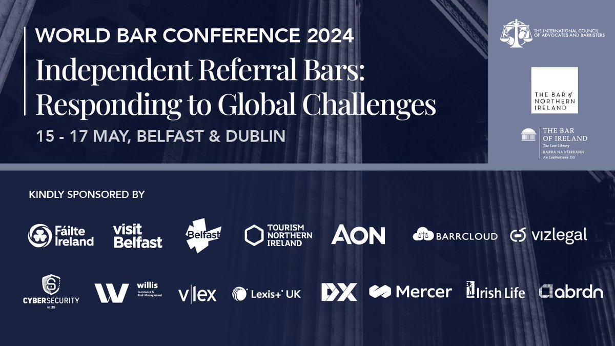 Less than four weeks to go to the World Bar Conference on 15 - 17 May, bringing together advocates and barristers for a global discussion on most pressing issues of our time. #WBC24 Tickets almost sold out - for details visit worldbar2024.com. Thanks to all our sponsors