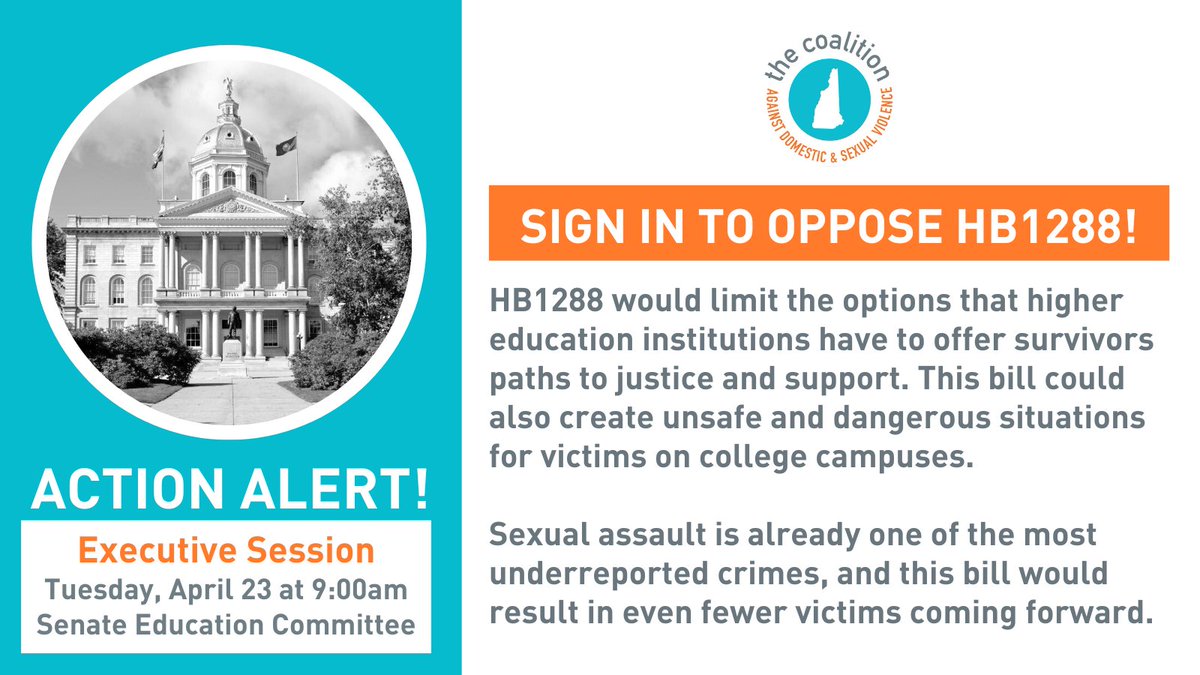 HB1288 will limit the options available for survivors to seek justice on college campuses after experiencing abuse. If passed, this bill could result in fewer victims coming forward to report abuse. #NHPolitics Sign in to oppose this harmful bill today: gencourt.state.nh.us/remotecommitte…