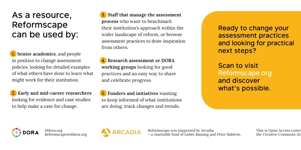 DORAssessment's tweet photo. #Reformscape is a database of openly available real-world practices & policies that academic institutions are implementing to reform how they assess researchers for hiring, promotion & tenure. Get familiar w/Reformscape using this introductory poster 👇
https://t.co/LyOzT7NRvU https://t.co/Vs9sViIGM3