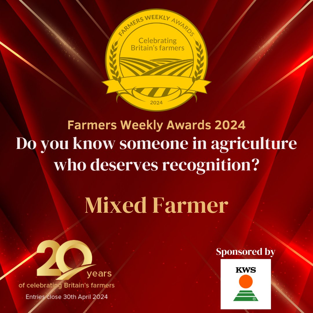 We're delighted to be sponsoring The @FarmersWeekly Mixed Farmer Award again this year! 🚜 Enter or nominate now – closing date for entries and nominations is 30 April 2024 👉ow.ly/94rh50ReXKp We're looking forward to attending the event in October.🥳