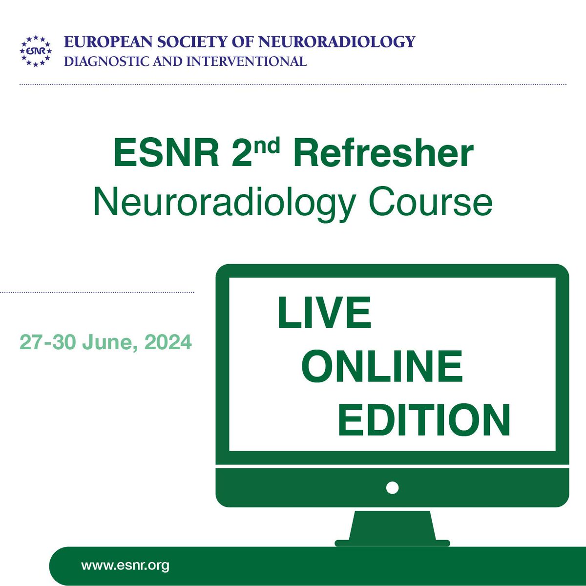 ESNR 2nd Refresher Neuroradiology Course 📅 27-30/06/24 🌐 Online Info and registration available here: ow.ly/TlGl50R506y #Neurorad #ThisIsESNR