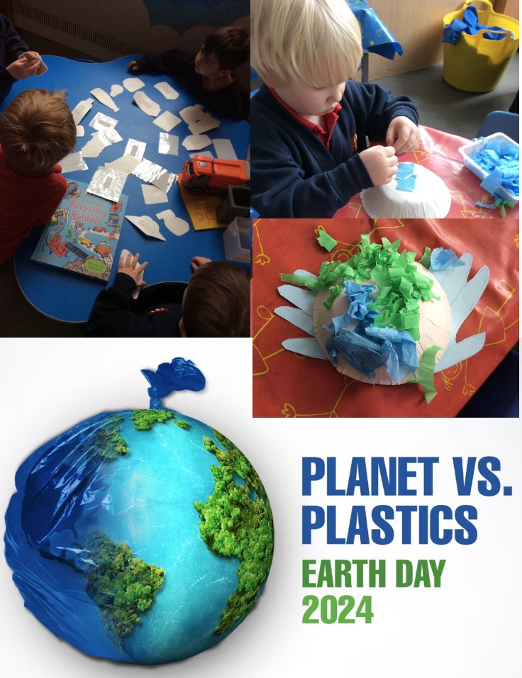 Nursery are celebrating 'World Earth Day' by identifying materials that can be recycled and talking about where to put rubbish.They know that they need to care for the planet and have been saving energy by having the lights off this morning. #WorldEarthDay #LessPlastic