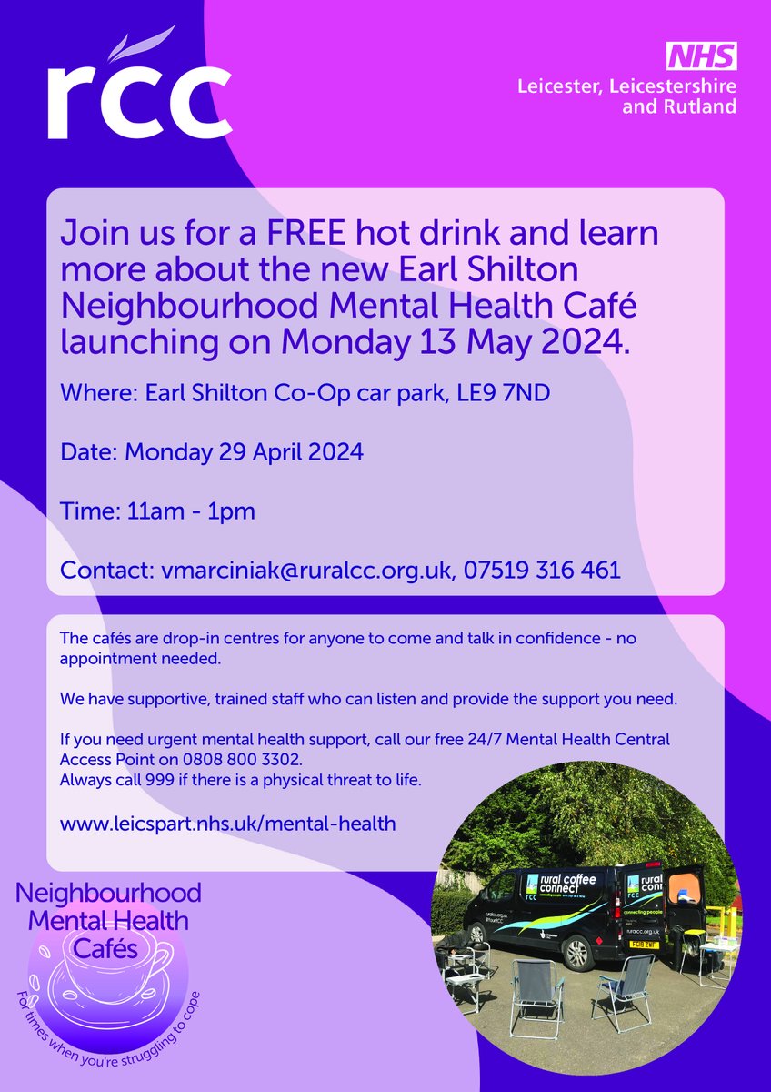 YourRCC's tweet image. Earl Shilton Neighbourhood Mental Health Cafe:
Come along and meet the team from RCC ahead of the official launch on Monday 13th May 2024. We will be set up offering FREE hot drinks in Earl Shilton Co-Op carpark, LE9 7ND between 11am - 1pm on Monday 29th April 2024 #EarlShilton