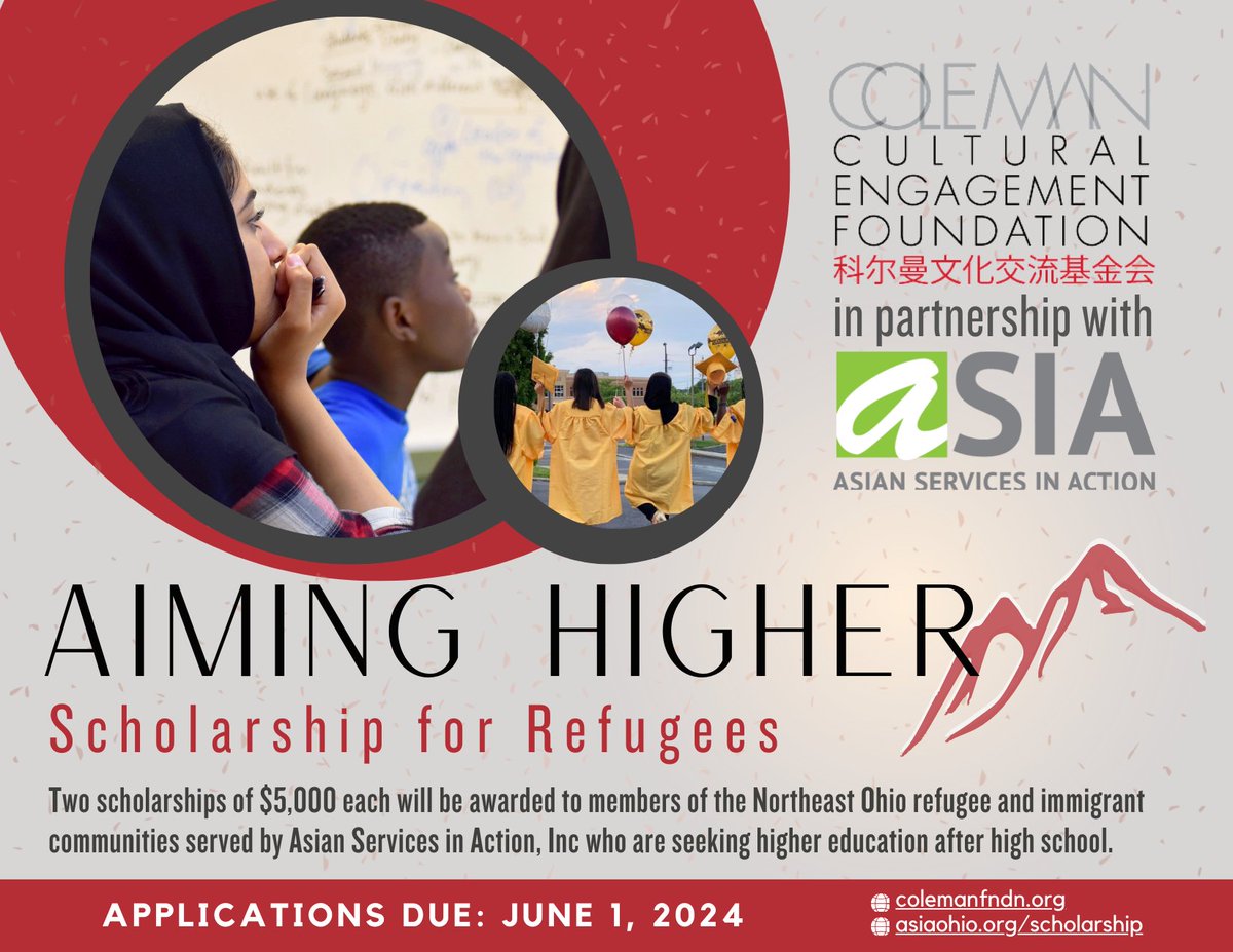 Apply today for the Aiming Higher Scholarship for #refugees and #immigrants in Northeast Ohio! You are eligible for this #scholarship if you are from the refugee community and are pursuing education beyond high school. Learn more at asiaohio.org/scholarship.