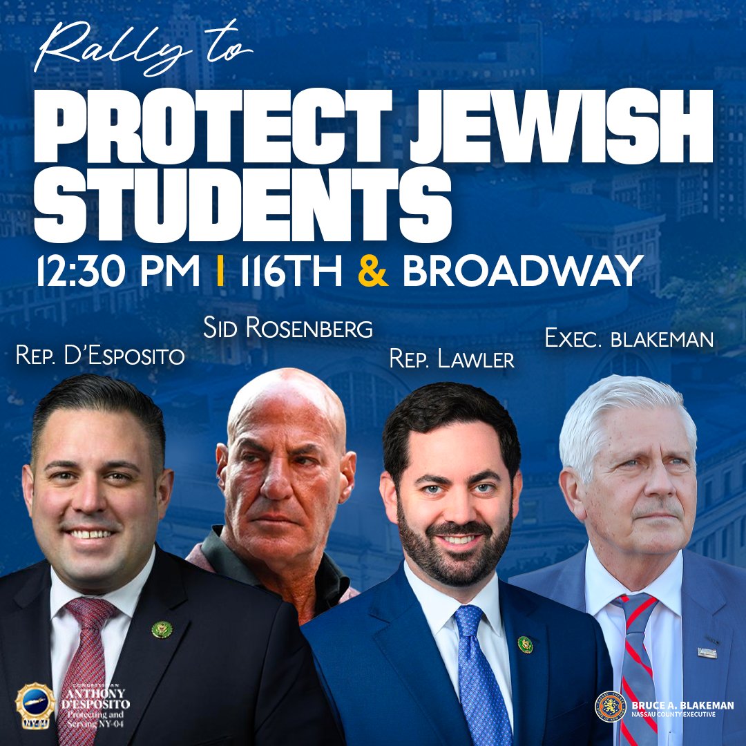 #HappyPassover. At 12:30 PM today, I’ll be rallying with @SidRosenberg, @RepMikeLawler, @NassauExec & others in defense of Jewish students at Columbia. Please, join us & let Jewish students know you stand with them. 🇺🇸 🇮🇱