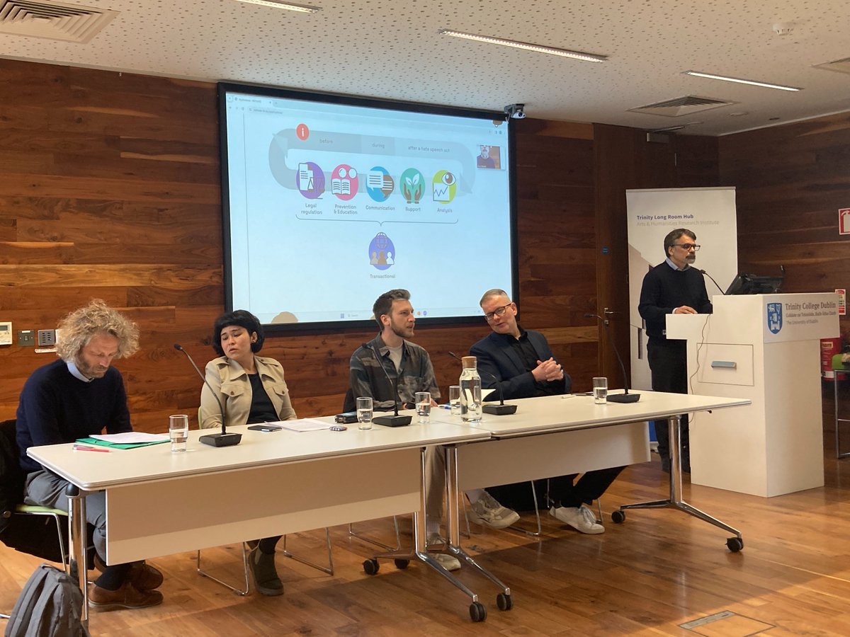 Panel discussion of @NETHATE_ITN at @tcddublin. @VBojarskich presents the intervention map against hate speech that he developed together with @Das_NETTZ. Check kompetenznetzwerk-hass-im-netz.de/interventionsa… (GERMAN) and nethate-itn.eu/applications/h… for further details. #HateSpeech