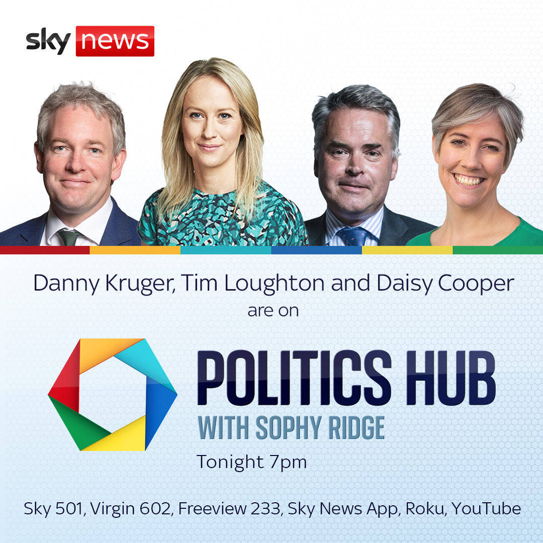 📢 Coming up on #PoliticsHub with @SophyRidgeSky… 🔵 Conservative MP @danny__kruger 🔵 Conservative MP @timloughton 🟠 Deputy Leader Liberal Democrats @libdemdaisy ⏰ 7pm 📱 trib.al/qNpFzE6 📺 Sky 501, Virgin 602, Freeview 233 and YouTube