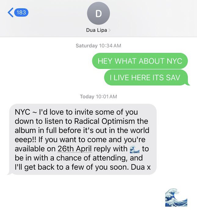 🚨 NYC! Check your texts. Dua Lipa will be doing a ‘Radical Optimism’ listening party in NYC on Friday! Make sure to secure your spot x (via @picturedofus)