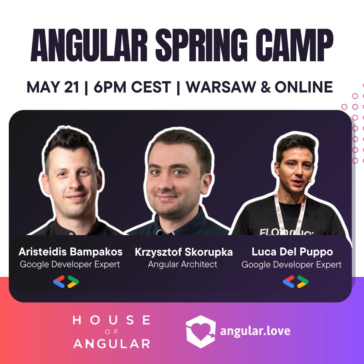 🔥 Are you ready for the next meetup at our #Angular Spring Camp? 📅 When? May 21st 📍 Where? Online & Warsaw 💸 Costs? The event is free Join us to delve into everything related to Angular. What exactly will we discuss? 👉 'What's new in Angular 18' with @abampakos. 👉