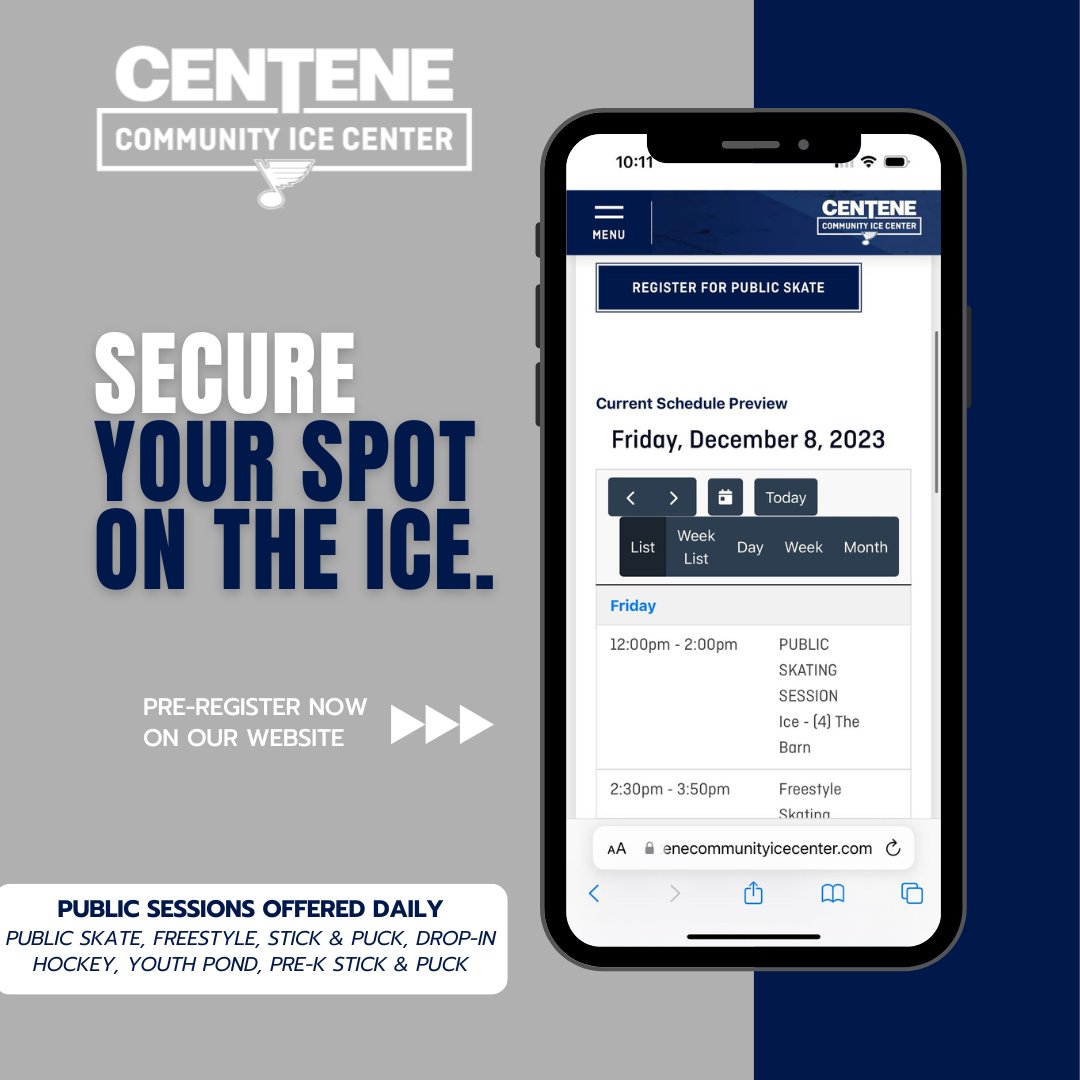 Check out our website to pre-register for upcoming public ice sessions including Stick & Puck, Public Skate, and more. --> centenecommunityicecenter.com