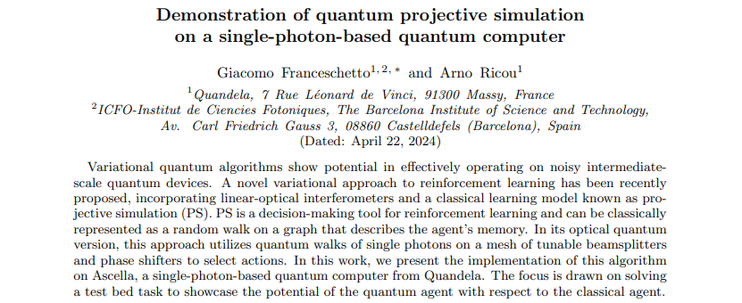 Can we use single particles of light to make decisions?🤔 arxiv.org/abs/2404.12729 In our preprint, we borrowed some photons from @Quandela_SAS to tackle a test bed reinforcement learning (RL) task in which finding the optimal strategy is conditional to using quantum effects. 🧵