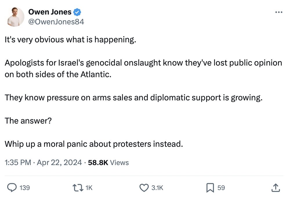I would say, @OwenJones84, that protestors on campuses telling Jews IN AMERICA to 'go back to Poland' and endorsing the 7th October atrocities is a huge problem regardless of what one's view is of Israeli policy in Gaza or any Israeli policy more generally.
