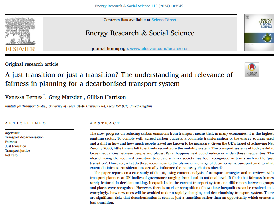 📢A recently published research paper from colleagues at @ITSLeeds investigates how fairness plays a role in planning decarbonised transport systems. 👉Read 'A just transition or just a transition?' sciencedirect.com/science/articl…