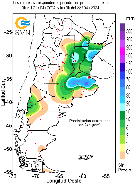 ☔️ Precipitaciones acumuladas (mm) hasta las 9 h: Las Flores 72 Mte. Caseros 49 Pehuajó 42 Resistencia 40 9 de Julio 39 Pta. Indio 35 Paso de los Libres 30 Trenque Lauquen 28 Aeroparque 25 Buenos Aires 25 Campo de Mayo 22 Rafaela 21 Mariano Moreno 20 Ceres 20 Sunchales 20