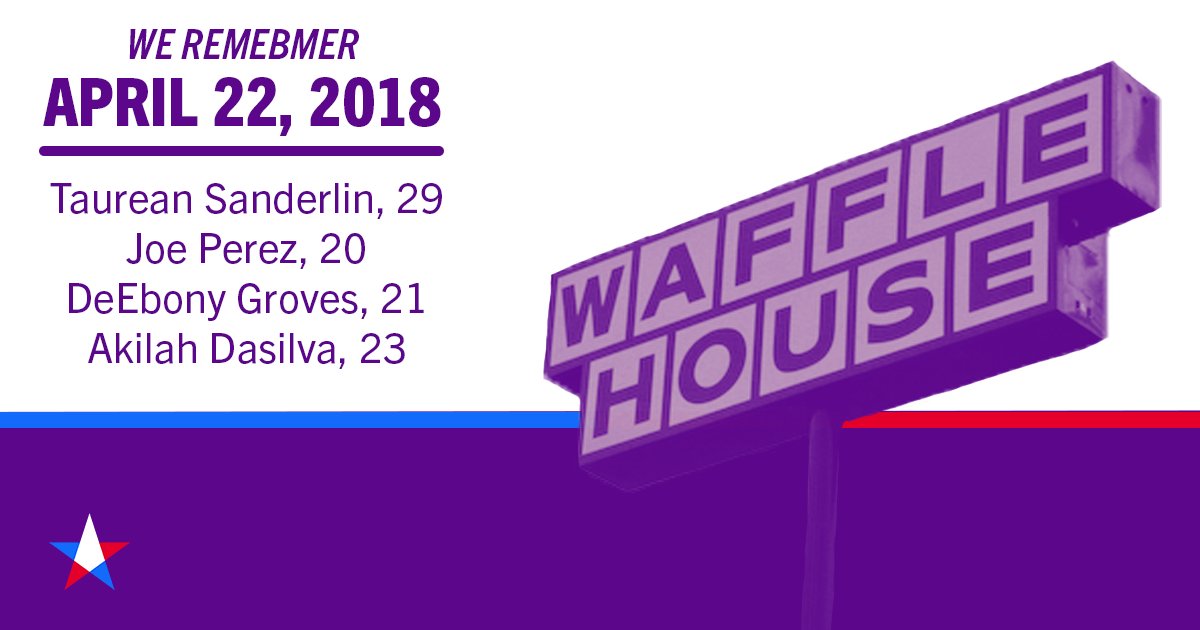 Five years ago, a gunman entered a Waffle House in Nashville, shooting and killing DeEbony Groves, Taurean Sanderlin, Akilah DaSilva, and Joe Perez.

Today and always, we're honoring the victims and survivors with action to #EndGunViolence.